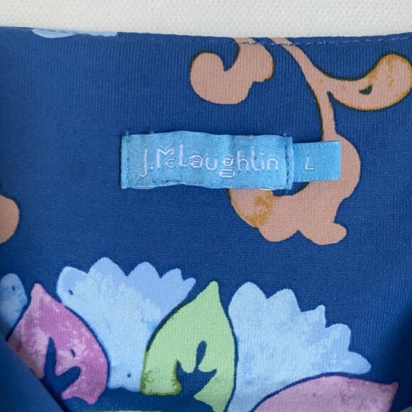 J. McLaughlin Shift Dress L Blue Floral Knee Length 3/4 Sleeve Career Party - Picture 7 of 7